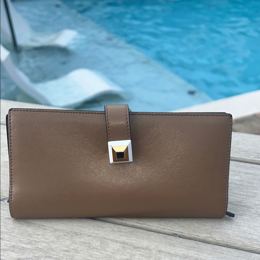 FENDI Taupe Leather Stud French Long Wallet